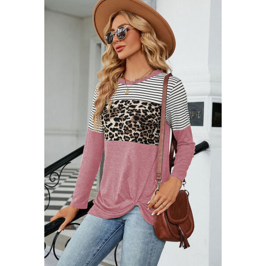 Leopard Striped Round Neck T - Shirt Apparel and Accessories