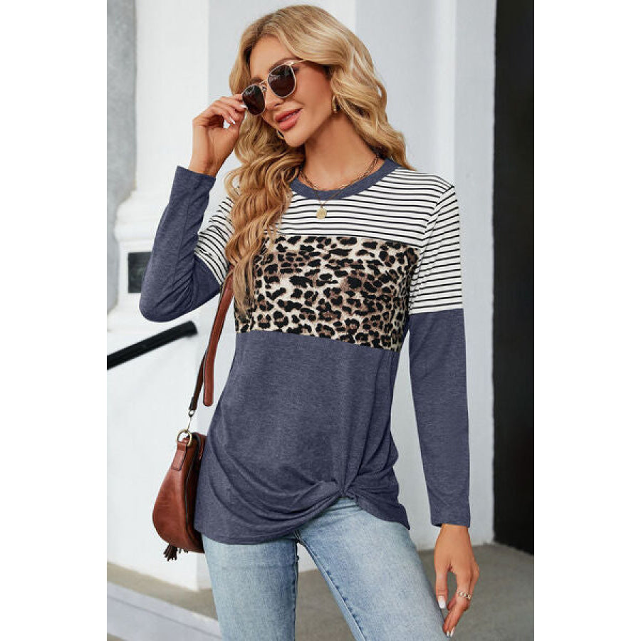 Leopard Striped Round Neck T - Shirt Apparel and Accessories