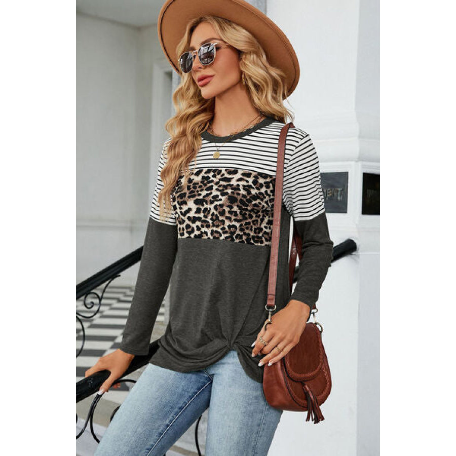 Leopard Striped Round Neck T - Shirt Apparel and Accessories