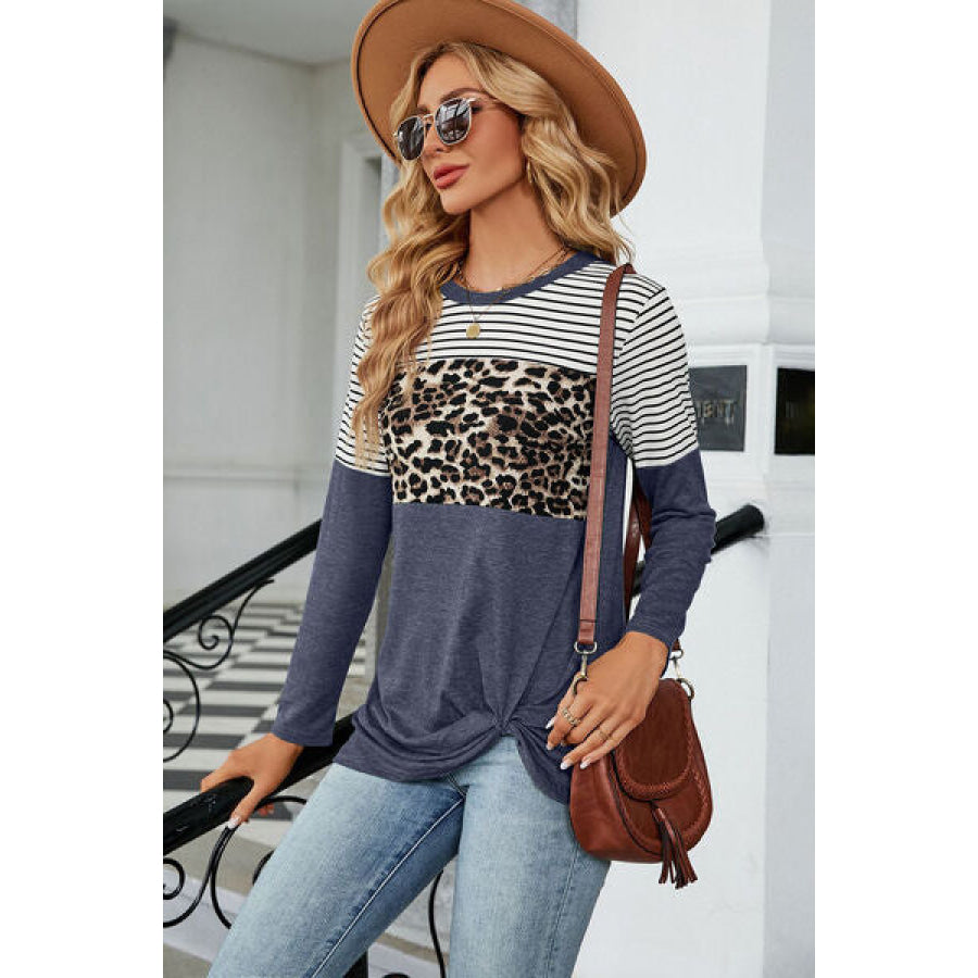 Leopard Striped Round Neck T - Shirt Dusty Blue / S Apparel and Accessories