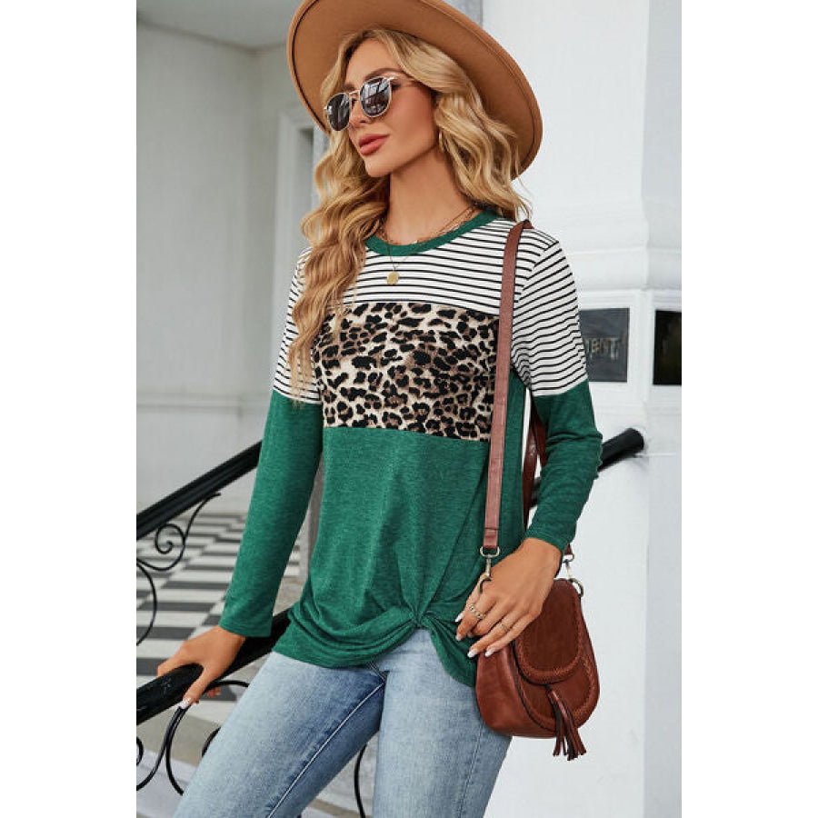 Leopard Striped Round Neck T - Shirt Green / S Apparel and Accessories