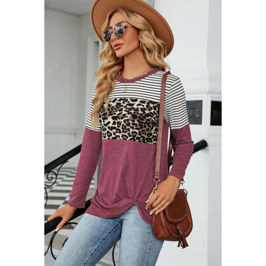 Leopard Striped Round Neck T - Shirt Magenta / S Apparel and Accessories