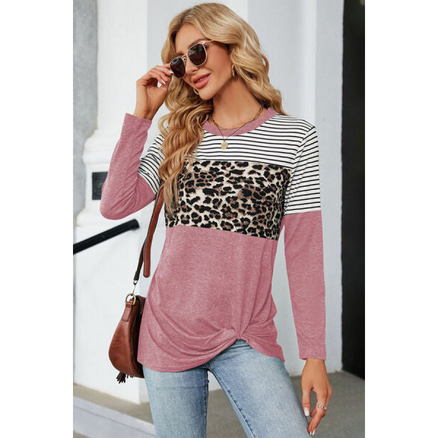 Leopard Striped Round Neck T - Shirt Moonlit Mauve / S Apparel and Accessories