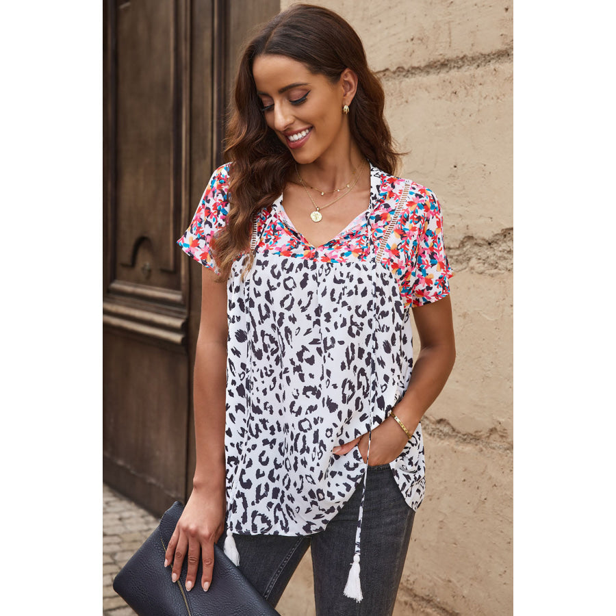 Leopard Tassel Tie Short Sleeve Top Multicolor / S