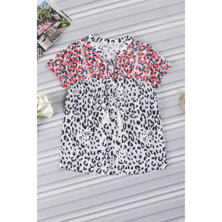 Leopard Tassel Tie Short Sleeve Top