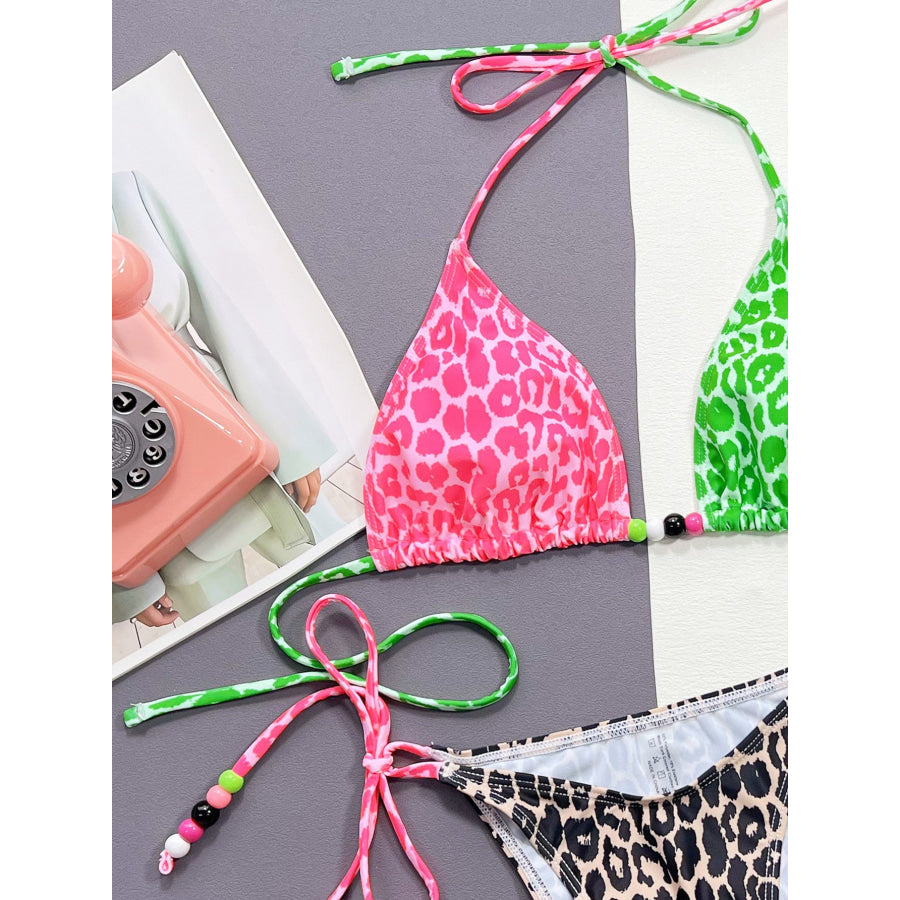 Leopard Tied Halter Neck Bikini Set Apparel and Accessories