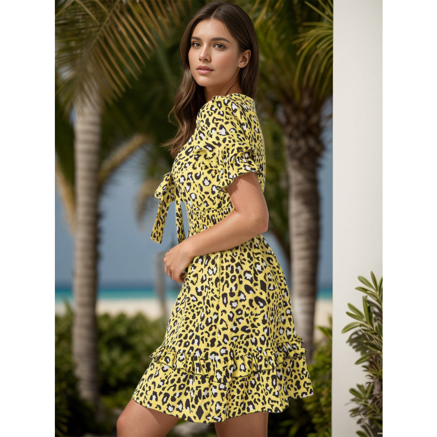 Leopard V-Neck Flounce Sleeve Mini Dress Apparel and Accessories