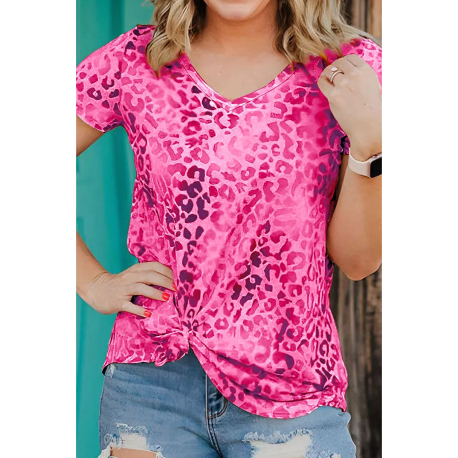 Leopard V-Neck Short Sleeve T-Shirt Hot Pink / S Apparel and Accessories