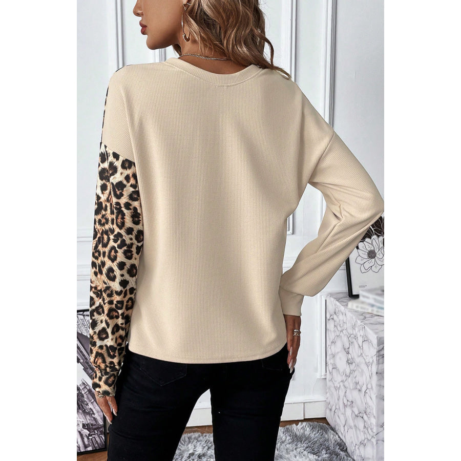 Leopard Waffle Knit Long Sleeve T - Shirt Sand / S Apparel and Accessories
