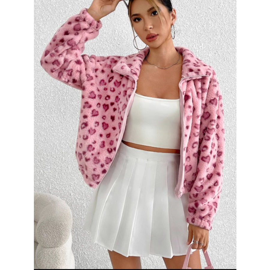 Leopard Zip Up Long Sleeve Furry Jacket Apparel and Accessories