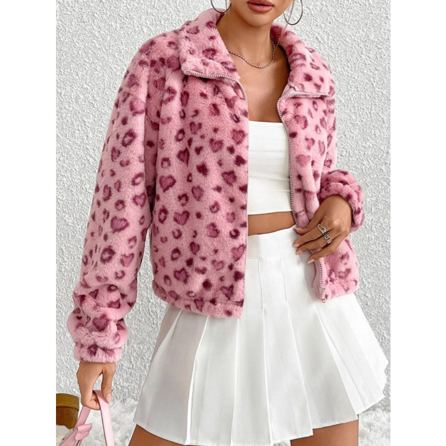 Leopard Zip Up Long Sleeve Furry Jacket Blush Pink / S Apparel and Accessories