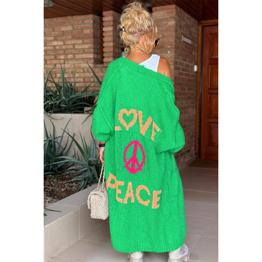 Letter Dropped Shoulder Long Sleeve Cardigan Green / S/M Apparel and Accessories