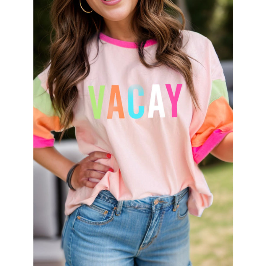 Letter Graphic Color Block Round Neck Half Sleeve T-Shirt Watermelon pink / S Apparel and Accessories
