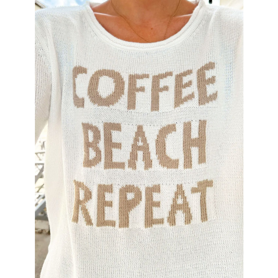 Letter Graphic Round Neck Long Sleeve Sweater White / S Apparel and Accessories