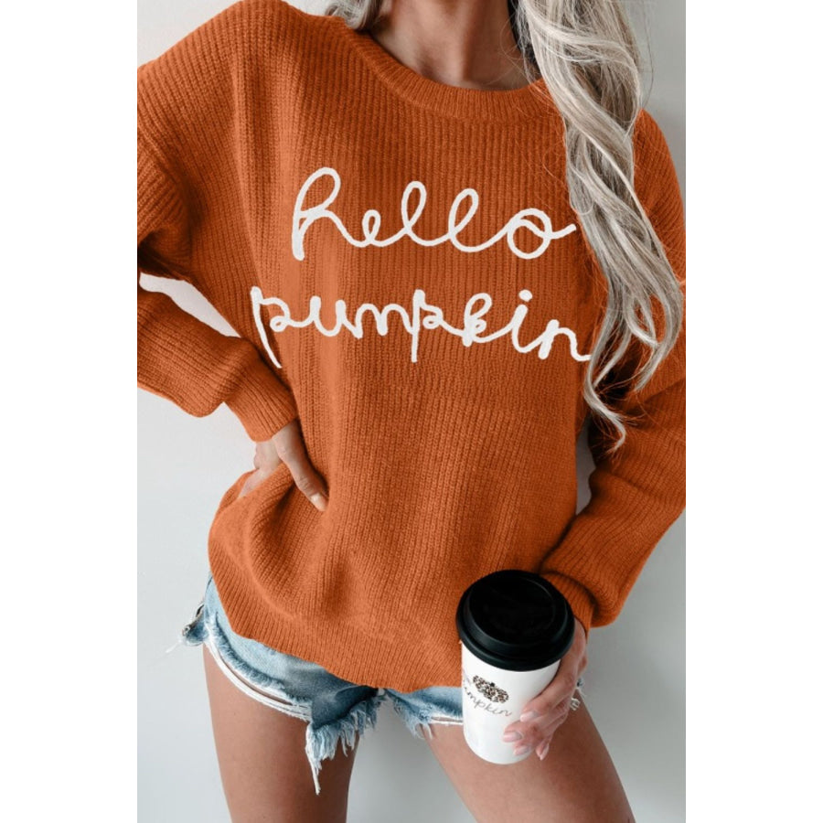Letter Graphic Round Neck Long Sleeve Sweater Terracotta / S Apparel and Accessories