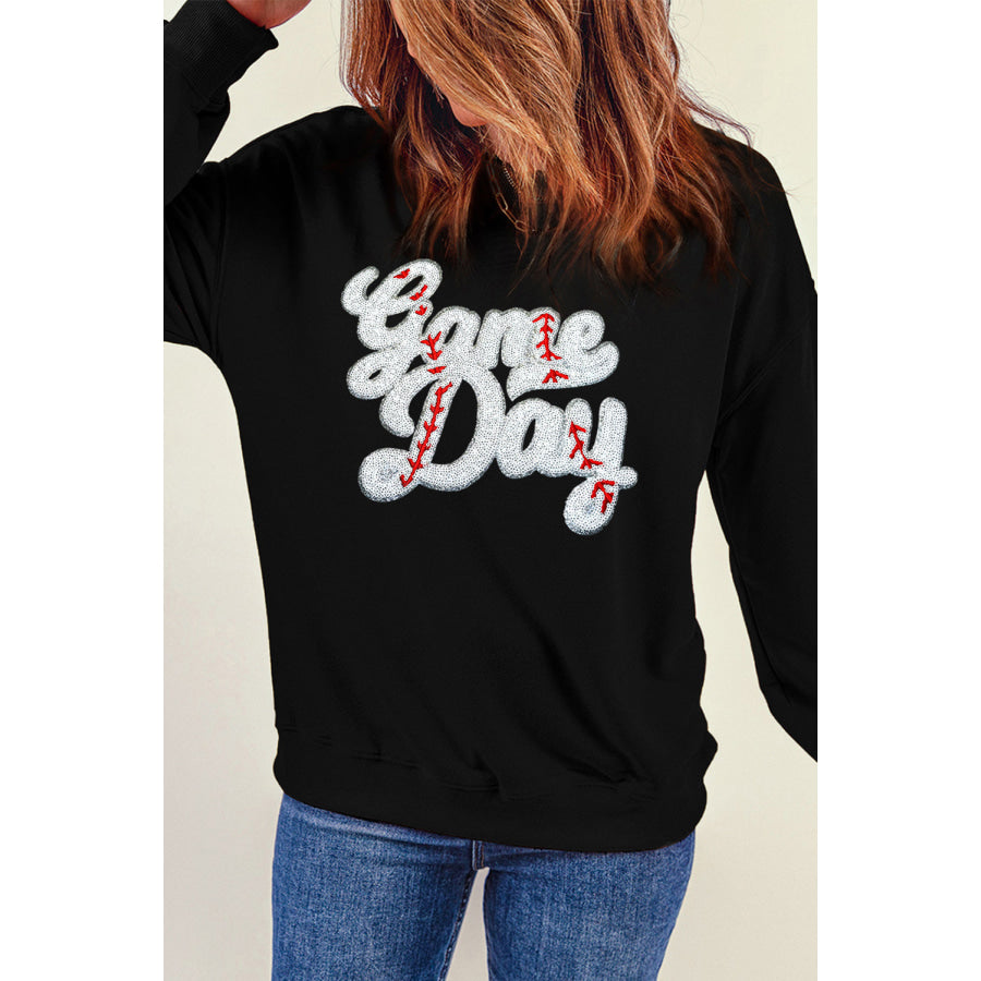 Letter Graphic Round Neck Long Sleeve Sweatshirt Black / S Apparel and Accessories