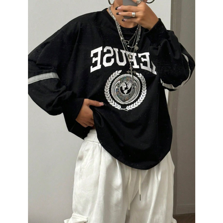 Letter Graphic Round Neck Long Sleeve Sweatshirt Black / S Apparel and Accessories