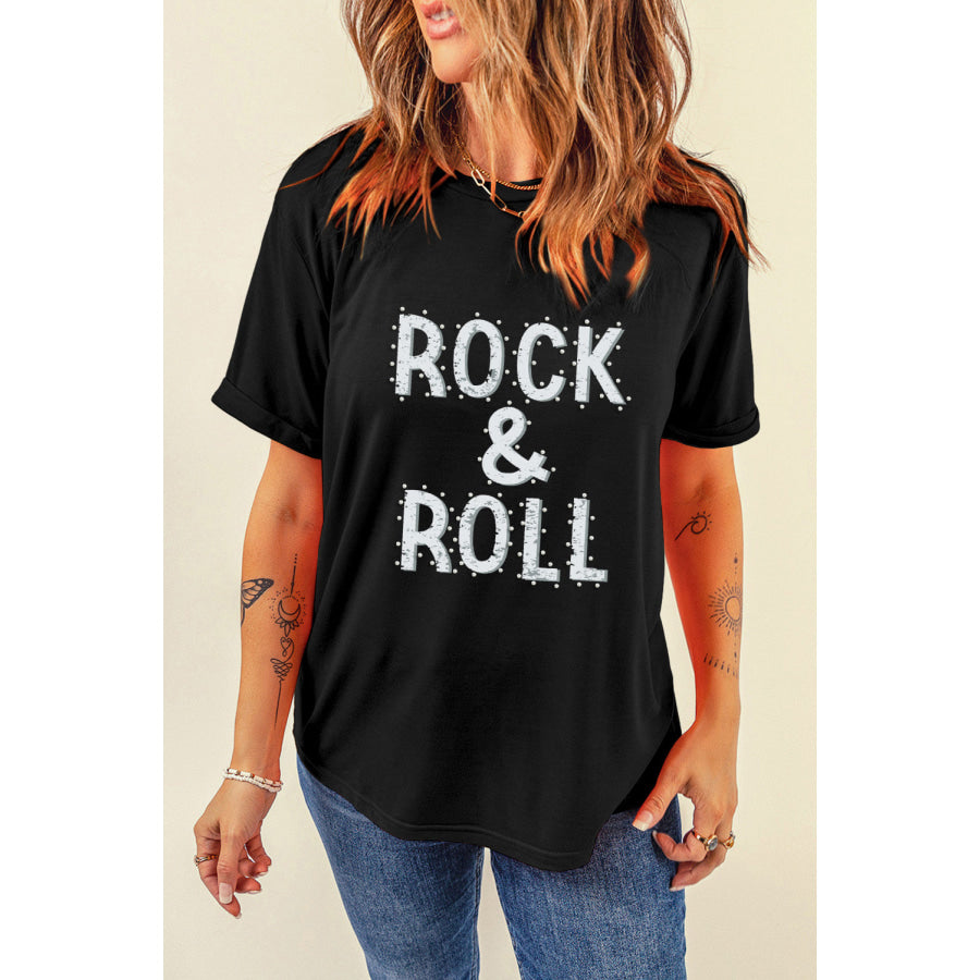 Letter Graphic Round Neck Short Sleeve T - Shirt Black / S Apparel and Accessories