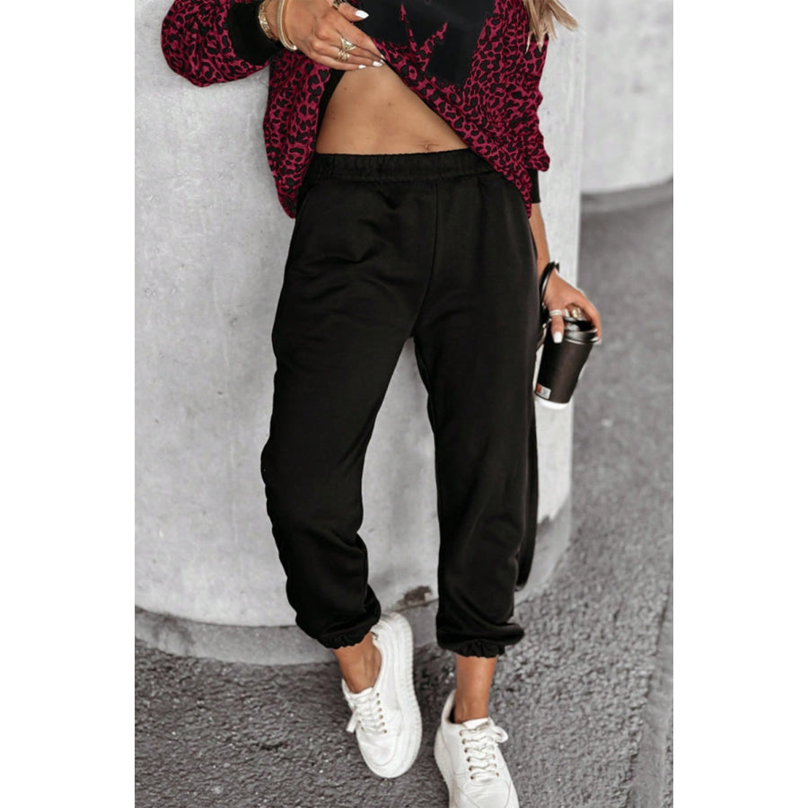 Letter M Leopard Round Neck Top and Pants Set Apparel and Accessories