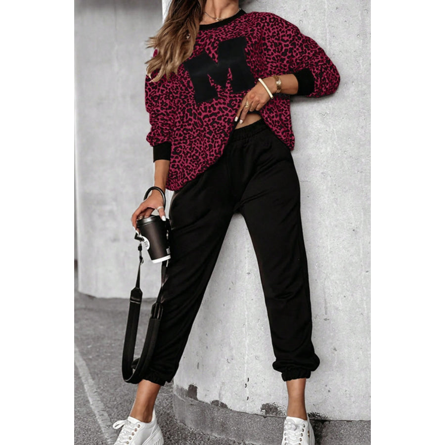 Letter M Leopard Round Neck Top and Pants Set Burgundy / S Apparel and Accessories