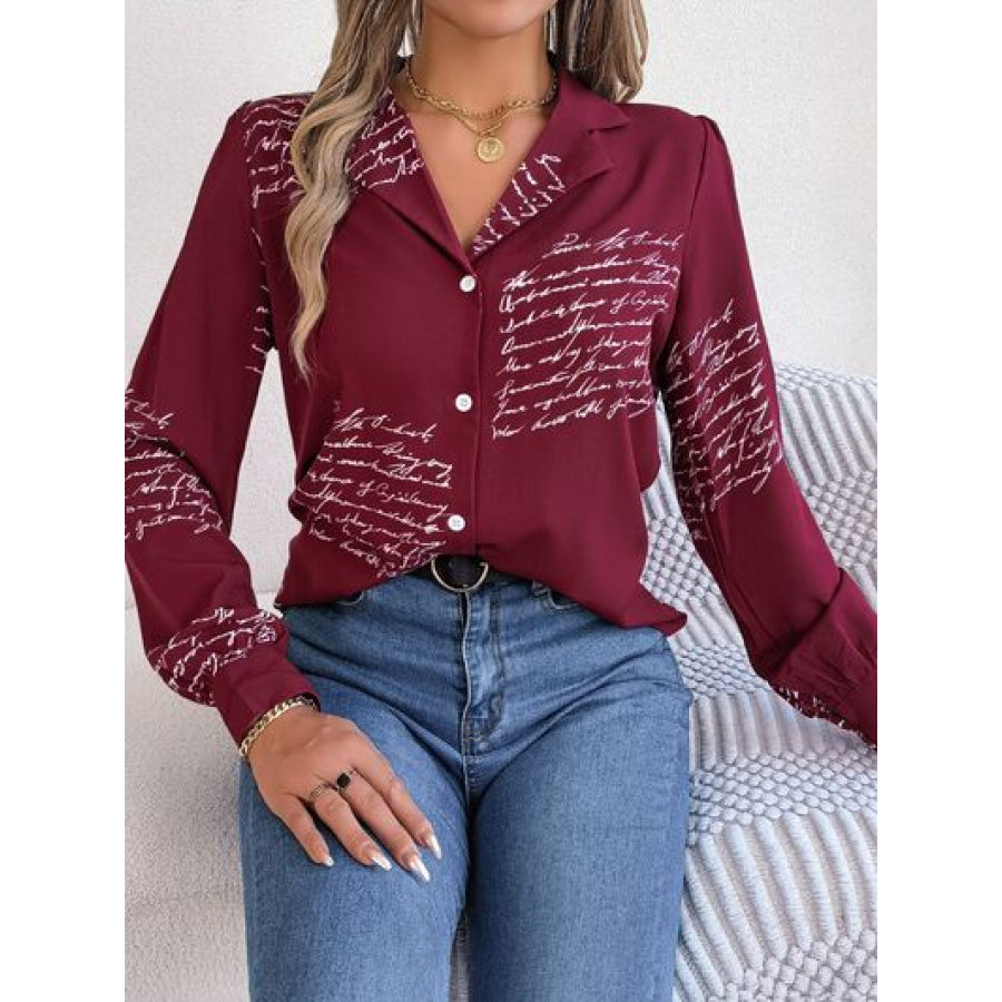 Letter Printed Button Up Long Sleeve Blouse Apparel and Accessories