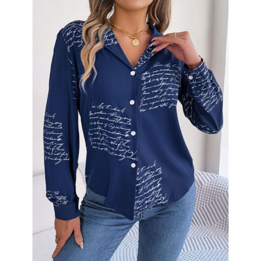Letter Printed Button Up Long Sleeve Blouse Peacock Blue / S Apparel and Accessories