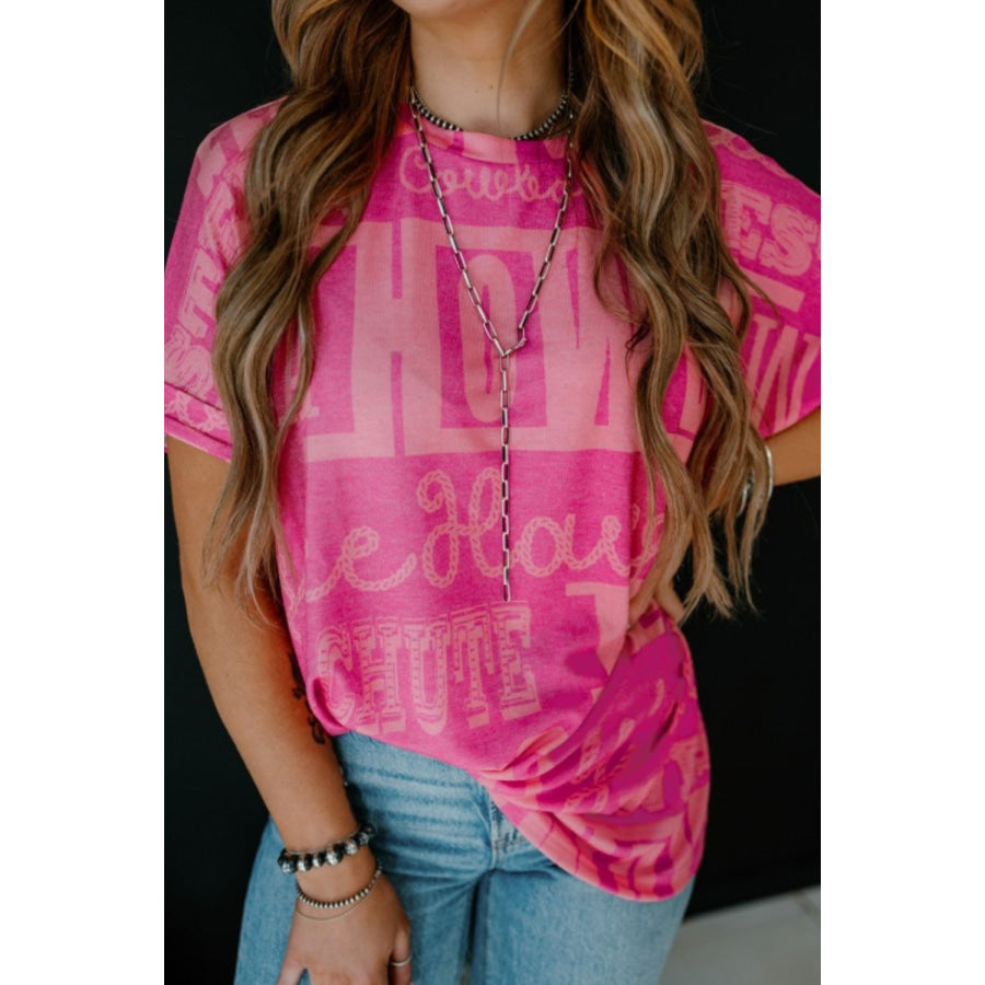 Letter Printed Round Neck Short Sleeve T-Shirt Hot Pink / S Apparel and Accessories