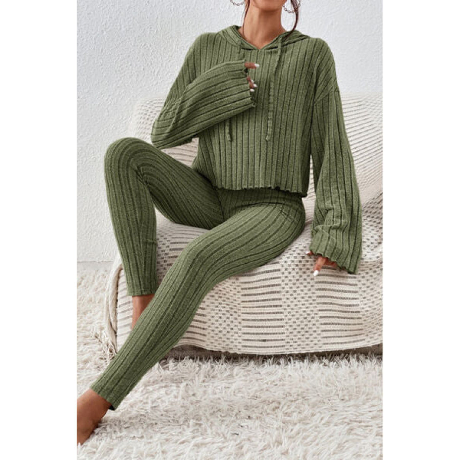 Lettuce Hem Dropped Shoulder Hooded Top and Pants Set Apparel Accessories