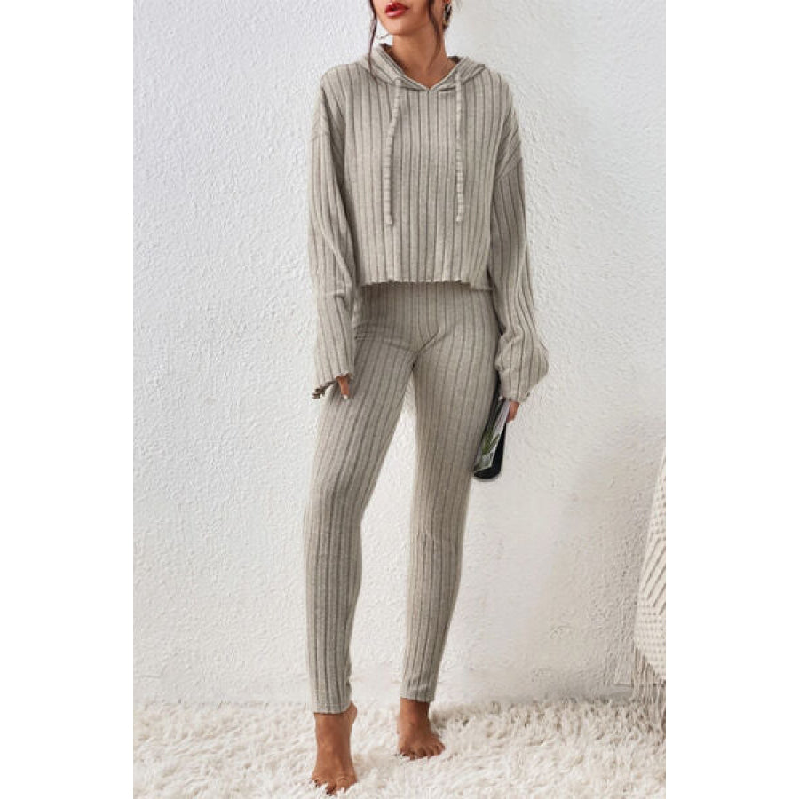 Lettuce Hem Dropped Shoulder Hooded Top and Pants Set Beige / S Apparel Accessories
