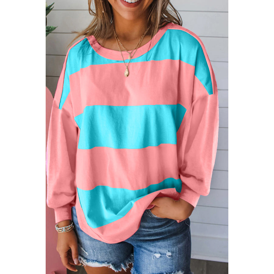 Light Blue Colorblock Striped Drop Shoulder Loose Top Light Blue / S / 95% Polyester + 5% Elastane Tops/Long Sleeve Tops