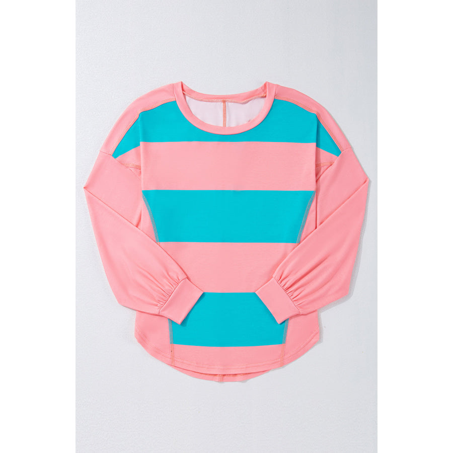 Light Blue Colorblock Striped Drop Shoulder Loose Top Light Blue / S / 95% Polyester + 5% Elastane Tops/Long Sleeve Tops