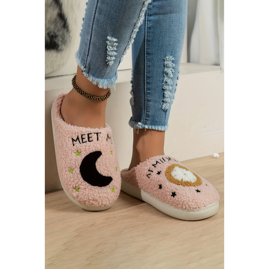 Light Pink Moon & Clock Pattern Fuzzy Home Slippers Shoes & Bags/Slippers