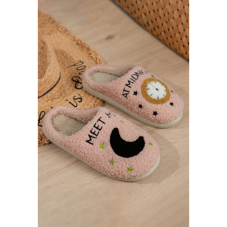 Light Pink Moon & Clock Pattern Fuzzy Home Slippers Shoes & Bags/Slippers