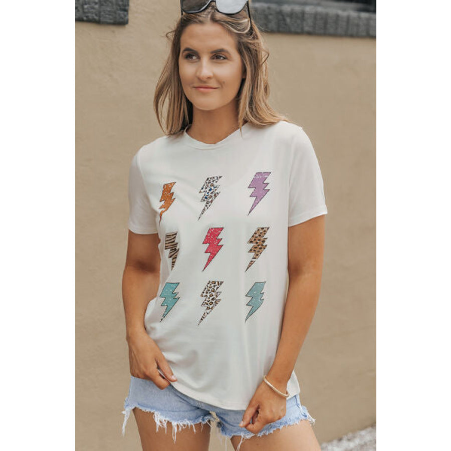 Lightning Graphic Round Neck Short Sleeve T - Shirt White / S Apparel and Accessories
