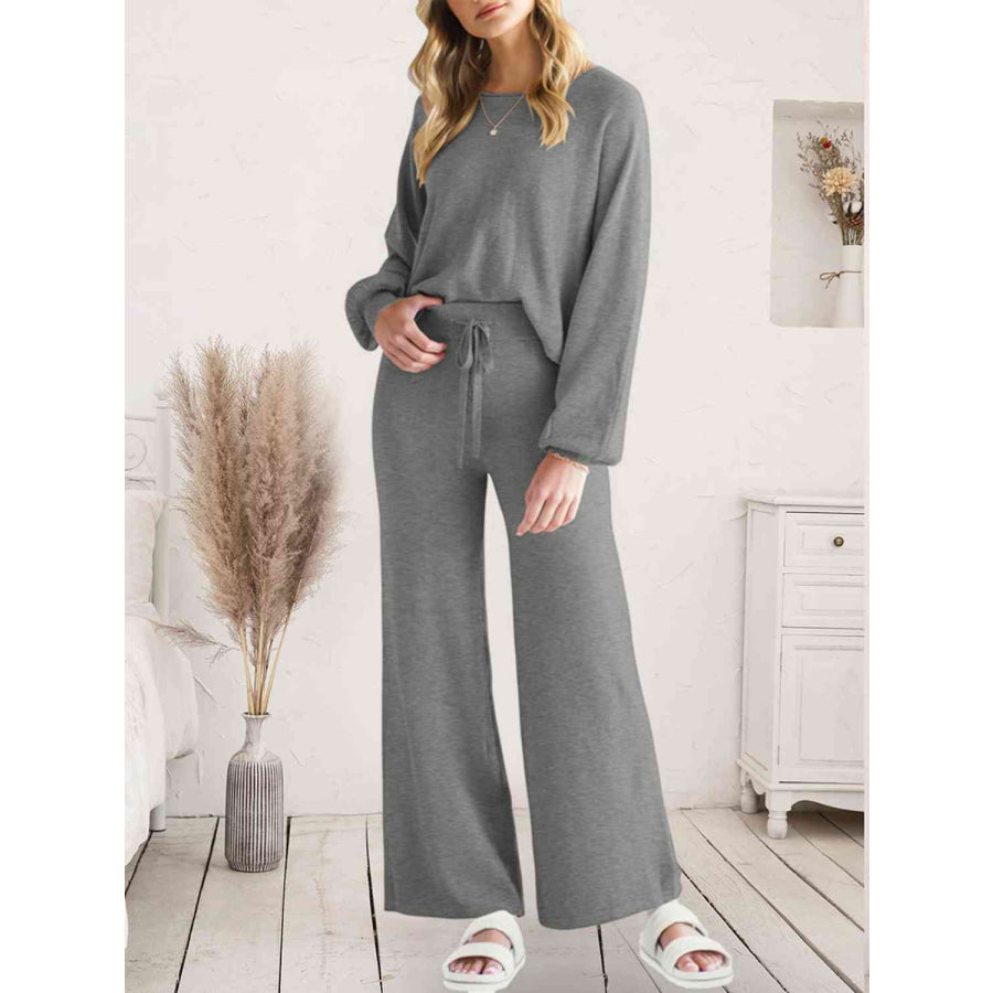 Long Sleeve Lounge Top and Drawstring Pants Set Charcoal / S