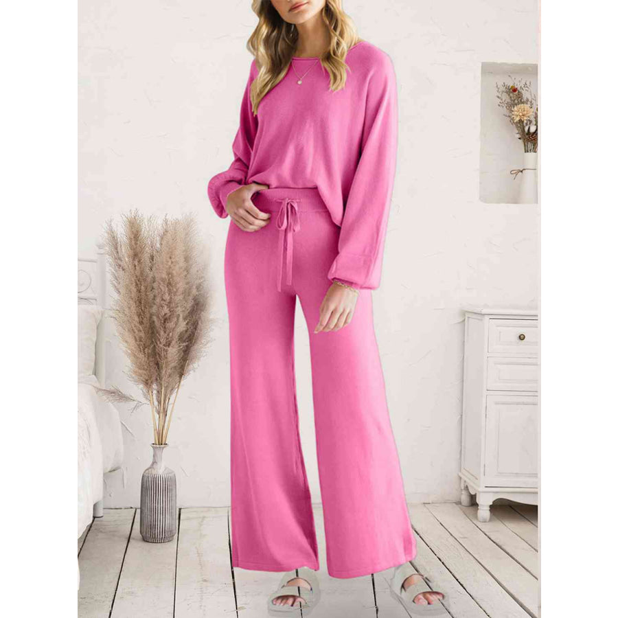 Long Sleeve Lounge Top and Drawstring Pants Set Fuchsia Pink / S