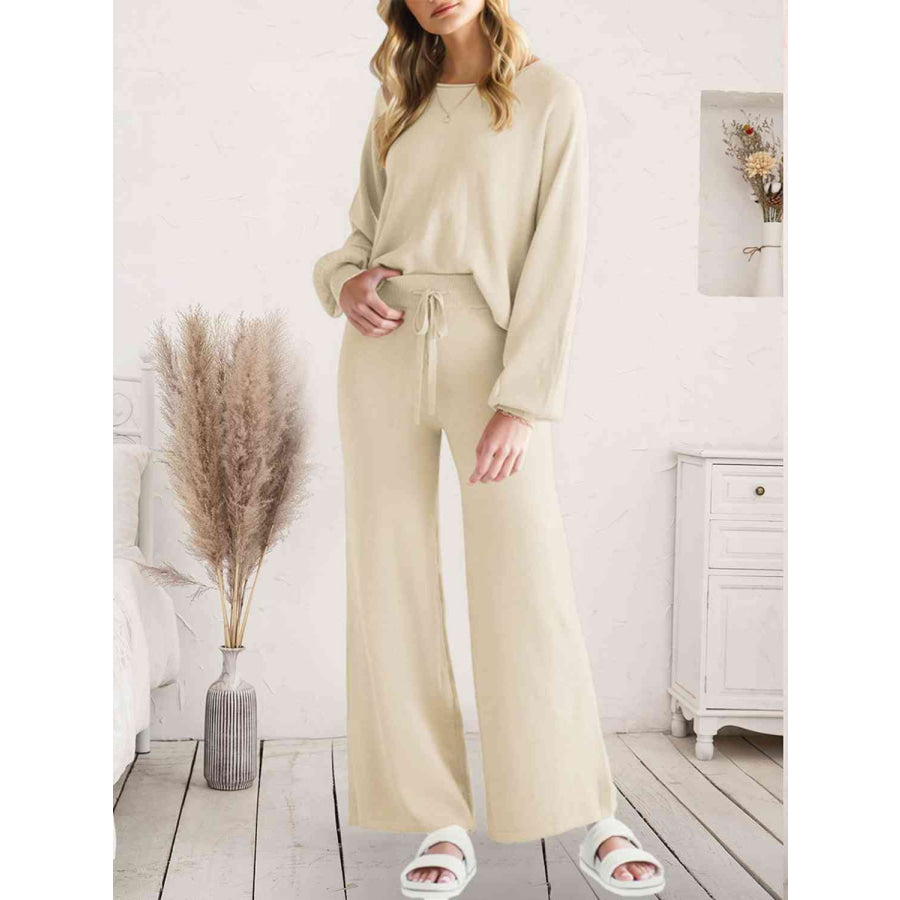 Long Sleeve Lounge Top and Drawstring Pants Set Ivory / S
