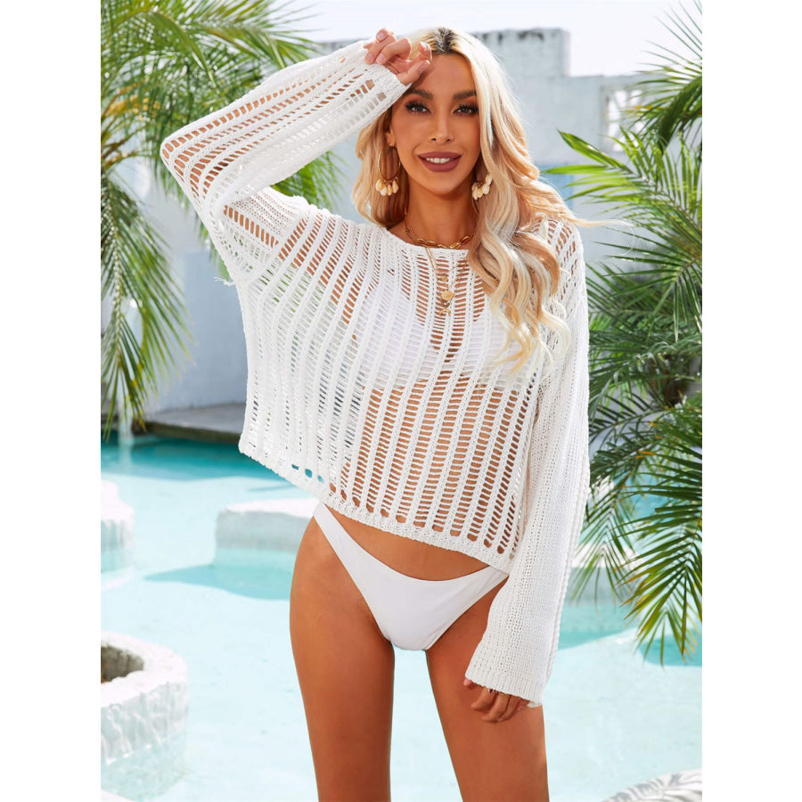 Long Sleeve Round Neck Openwork Cover-Up White / S Apparel and Accessories
