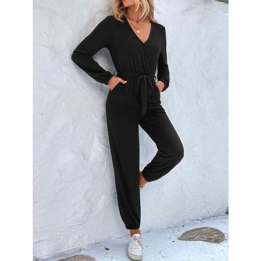 Long Sleeve Tie Waist Jumpsuit Apparel and Accessories