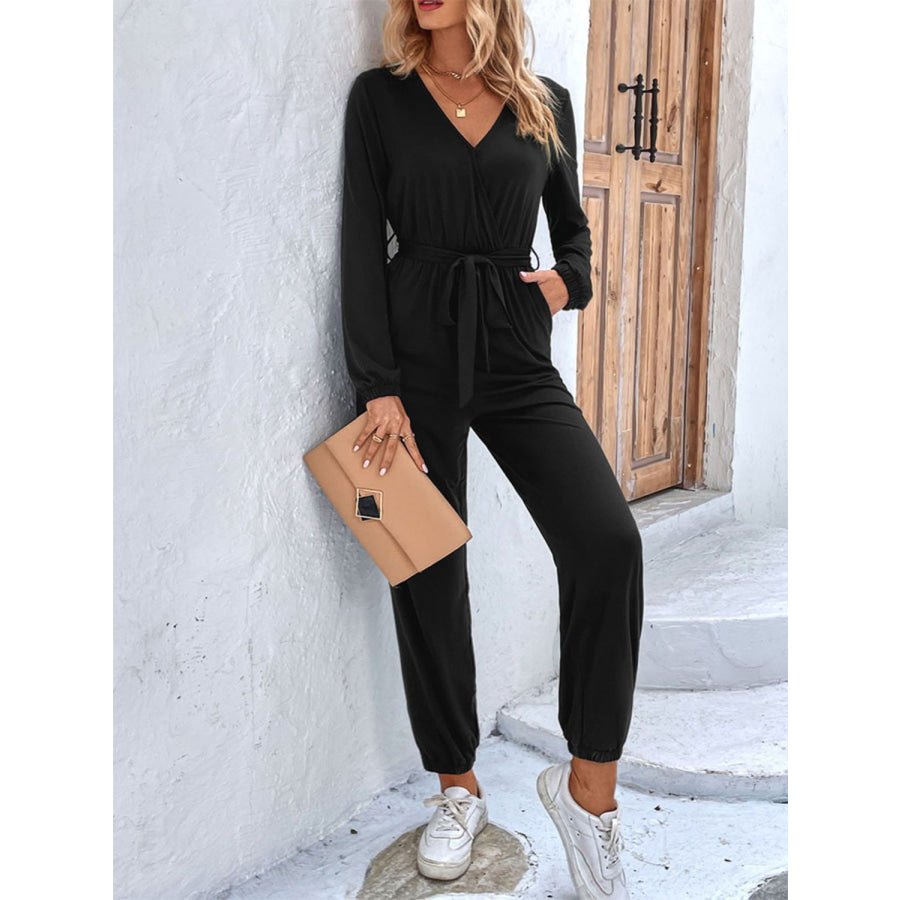 Long Sleeve Tie Waist Jumpsuit Apparel and Accessories