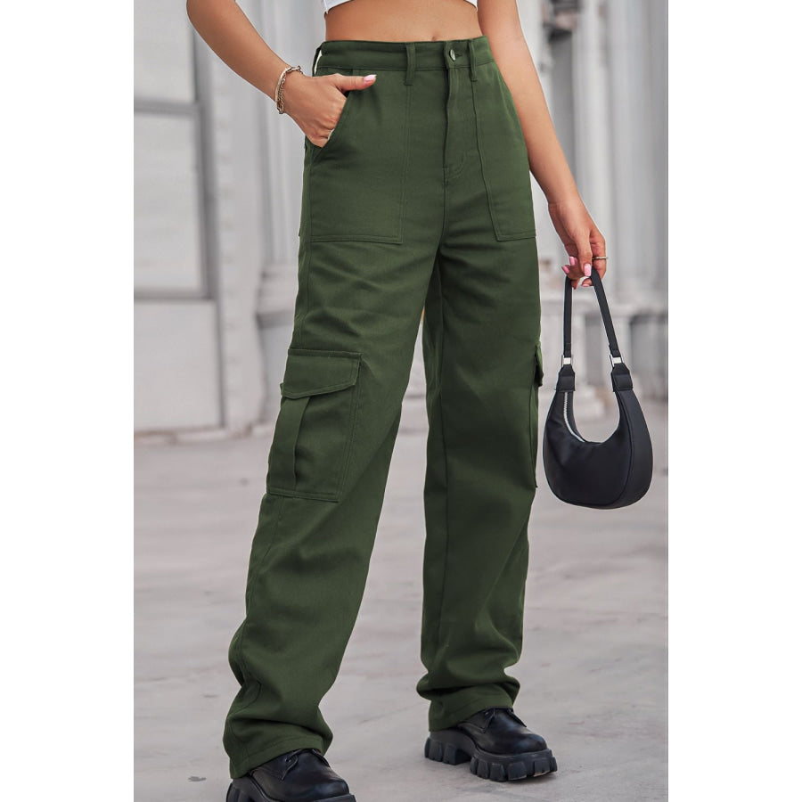 Long Straight Leg Jeans with Pockets Army Green / S