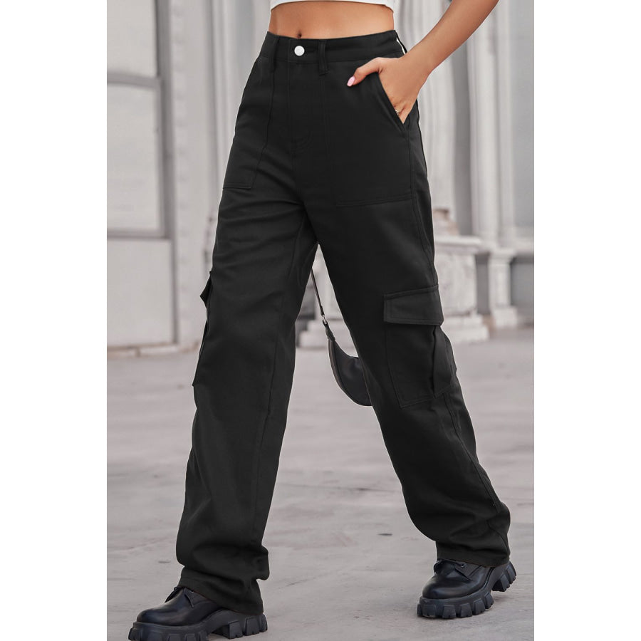 Long Straight Leg Jeans with Pockets Black / S