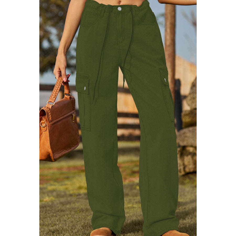 Loose Fit Drawstring Jeans with Pocket Army Green / S