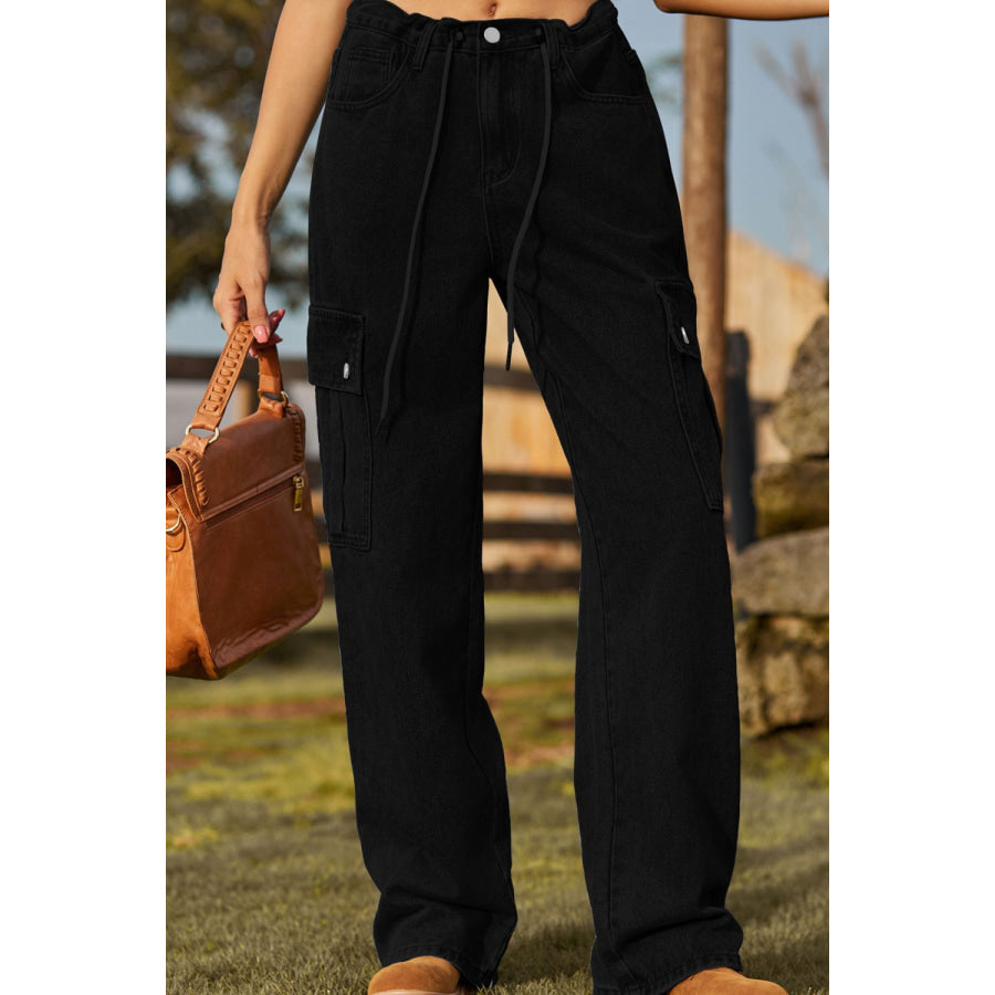 Loose Fit Drawstring Jeans with Pocket Black / S