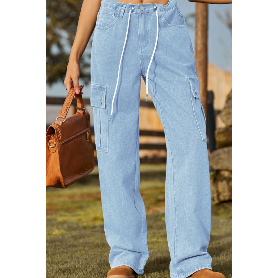 Loose Fit Drawstring Jeans with Pocket Light / S