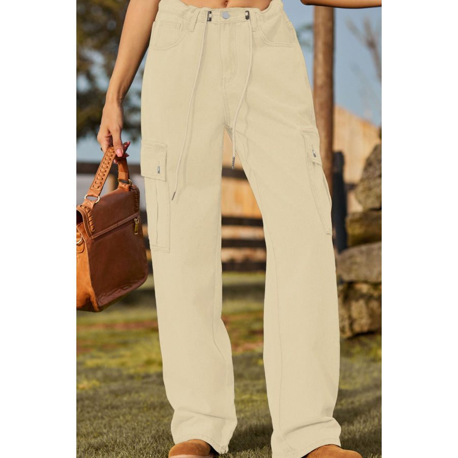 Loose Fit Drawstring Jeans with Pocket Sand / S