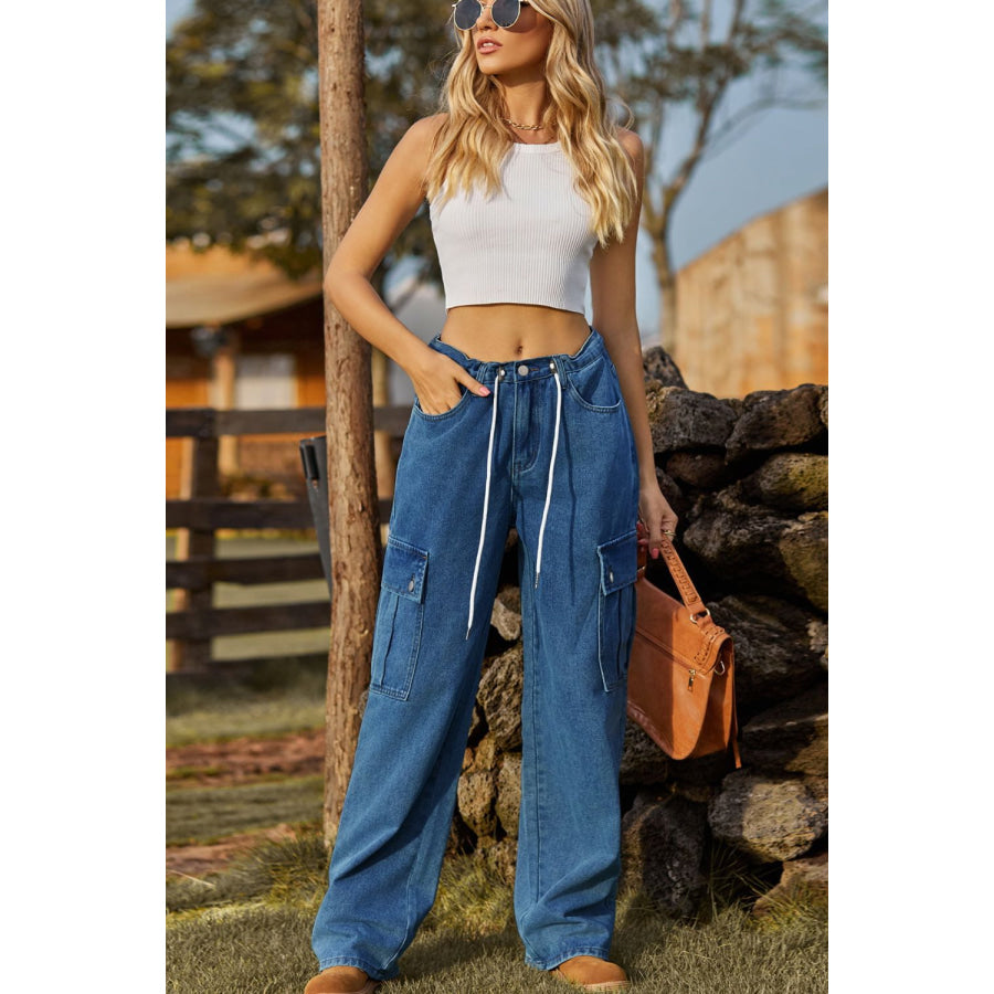 Loose Fit Drawstring Jeans with Pocket