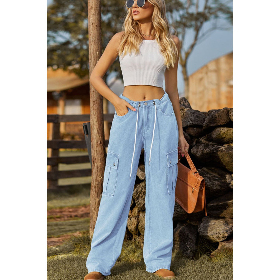 Loose Fit Drawstring Jeans with Pocket