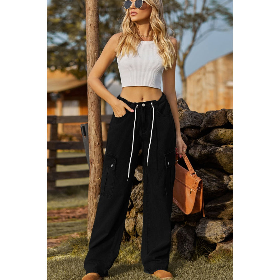 Loose Fit Drawstring Jeans with Pocket