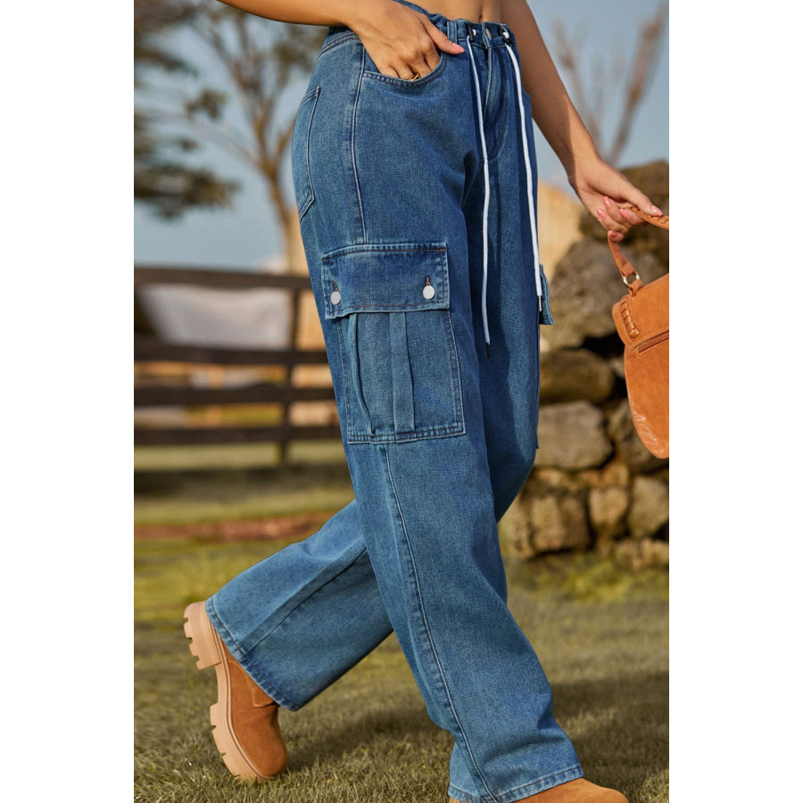 Loose Fit Drawstring Jeans with Pocket